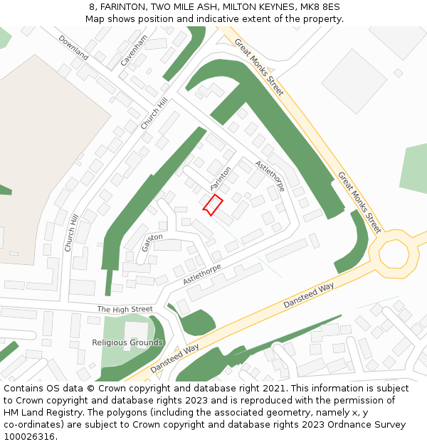 8, FARINTON, TWO MILE ASH, MILTON KEYNES, MK8 8ES: Location map and indicative extent of plot
