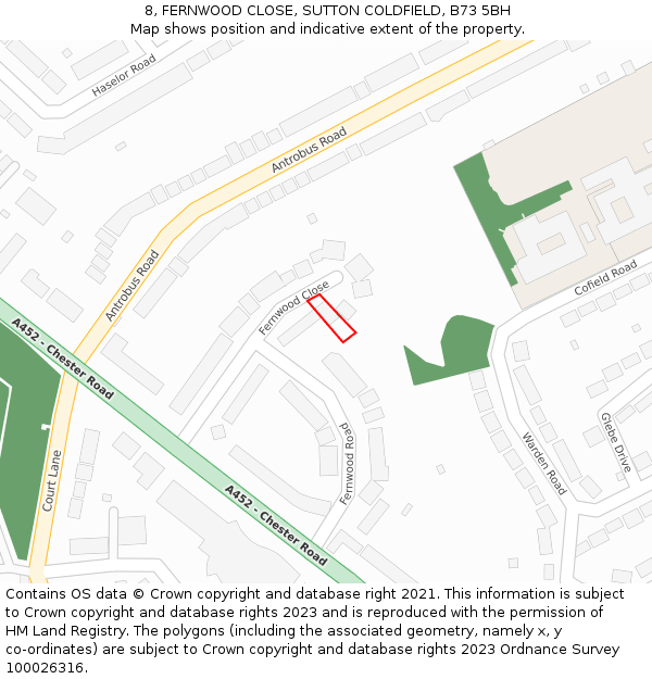 8, FERNWOOD CLOSE, SUTTON COLDFIELD, B73 5BH: Location map and indicative extent of plot