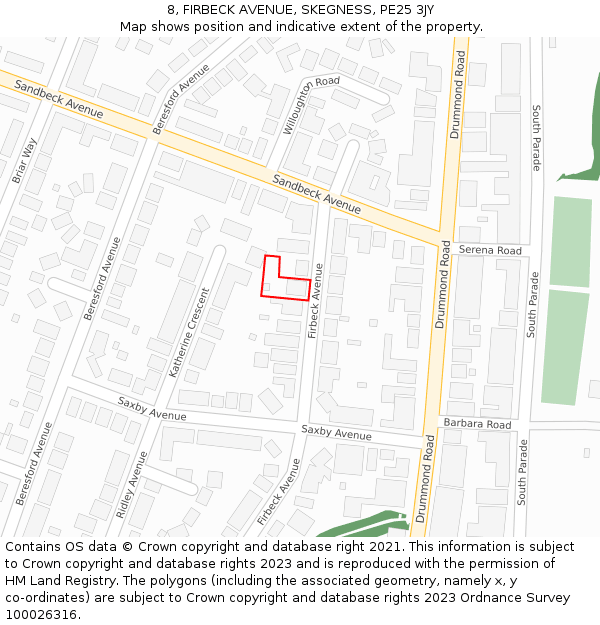 8, FIRBECK AVENUE, SKEGNESS, PE25 3JY: Location map and indicative extent of plot