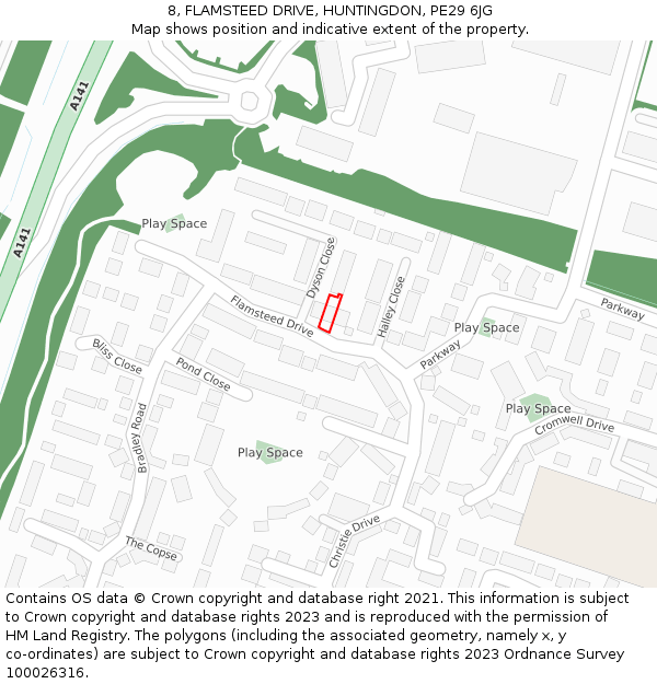 8, FLAMSTEED DRIVE, HUNTINGDON, PE29 6JG: Location map and indicative extent of plot