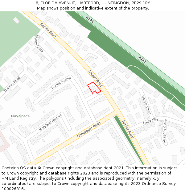 8, FLORIDA AVENUE, HARTFORD, HUNTINGDON, PE29 1PY: Location map and indicative extent of plot