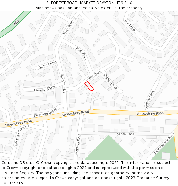 8, FOREST ROAD, MARKET DRAYTON, TF9 3HX: Location map and indicative extent of plot