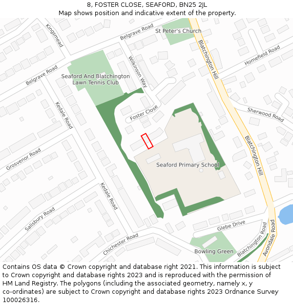 8, FOSTER CLOSE, SEAFORD, BN25 2JL: Location map and indicative extent of plot