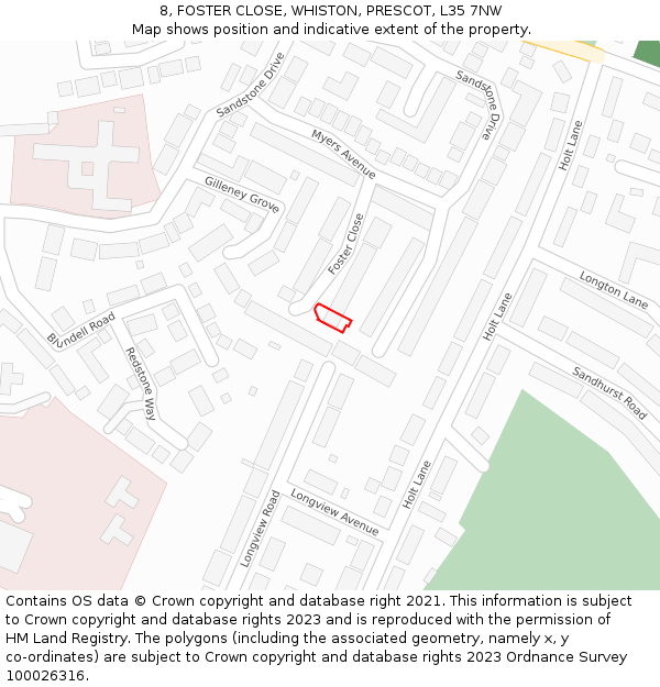 8, FOSTER CLOSE, WHISTON, PRESCOT, L35 7NW: Location map and indicative extent of plot