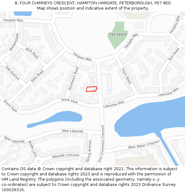8, FOUR CHIMNEYS CRESCENT, HAMPTON HARGATE, PETERBOROUGH, PE7 8ED: Location map and indicative extent of plot