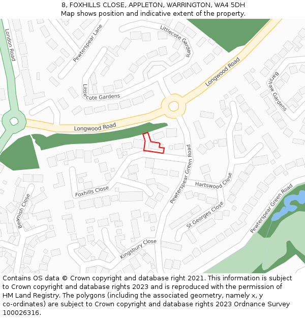 8, FOXHILLS CLOSE, APPLETON, WARRINGTON, WA4 5DH: Location map and indicative extent of plot