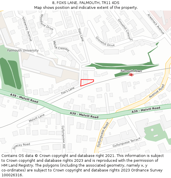 8, FOXS LANE, FALMOUTH, TR11 4DS: Location map and indicative extent of plot