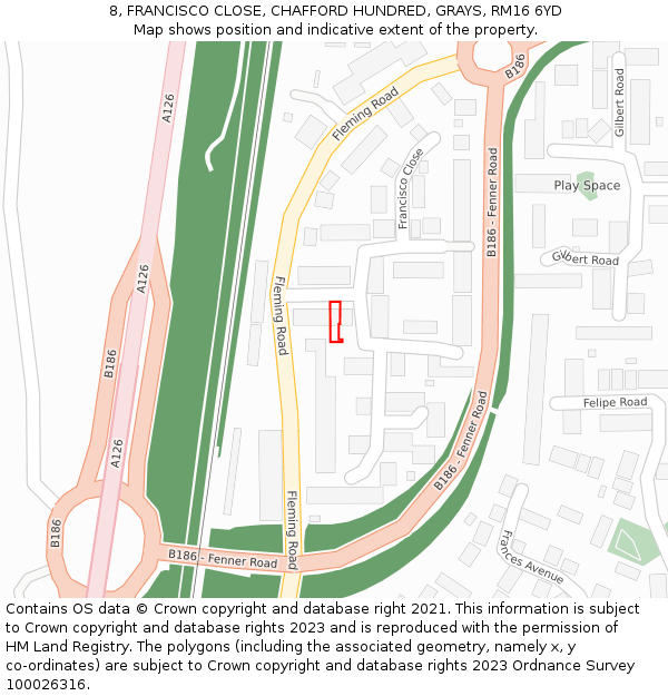 8, FRANCISCO CLOSE, CHAFFORD HUNDRED, GRAYS, RM16 6YD: Location map and indicative extent of plot