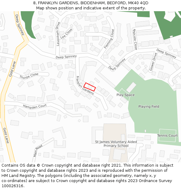 8, FRANKLYN GARDENS, BIDDENHAM, BEDFORD, MK40 4QD: Location map and indicative extent of plot