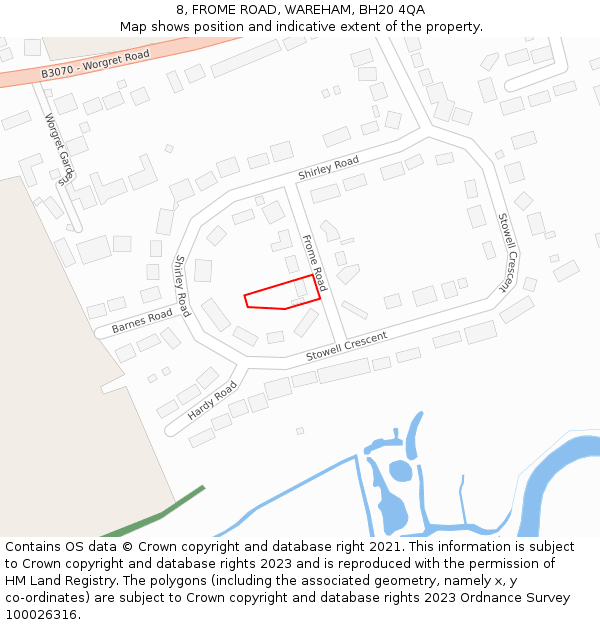 8, FROME ROAD, WAREHAM, BH20 4QA: Location map and indicative extent of plot