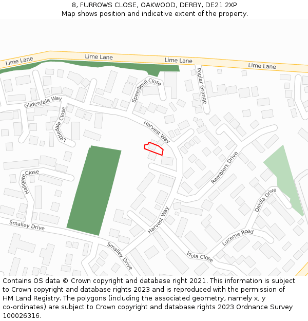 8, FURROWS CLOSE, OAKWOOD, DERBY, DE21 2XP: Location map and indicative extent of plot