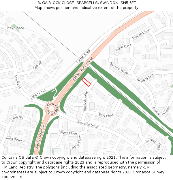 8, GAIRLOCK CLOSE, SPARCELLS, SWINDON, SN5 5FT: Location map and indicative extent of plot