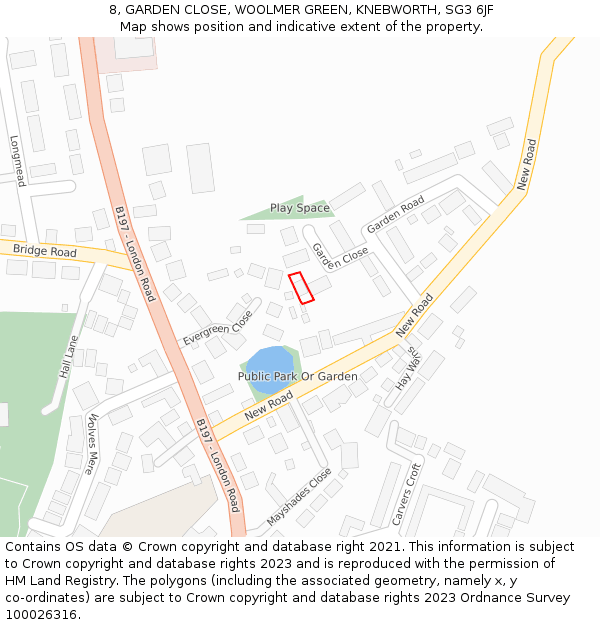 8, GARDEN CLOSE, WOOLMER GREEN, KNEBWORTH, SG3 6JF: Location map and indicative extent of plot