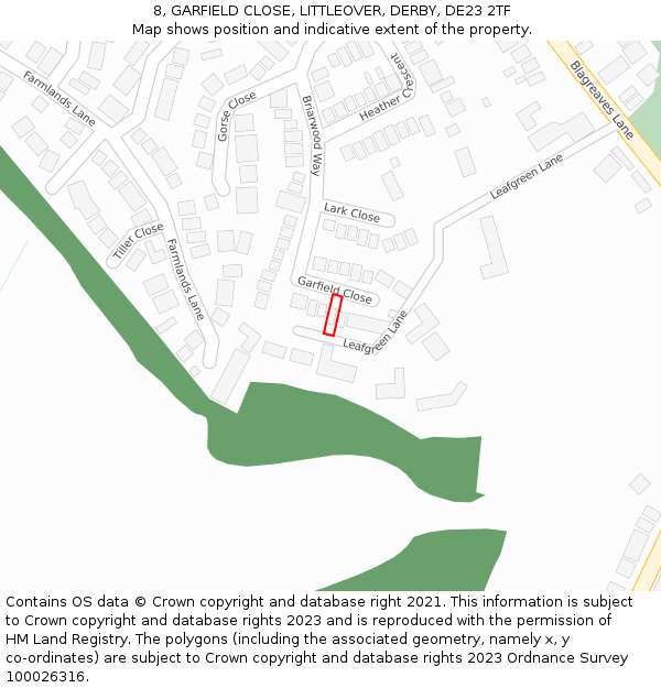 8, GARFIELD CLOSE, LITTLEOVER, DERBY, DE23 2TF: Location map and indicative extent of plot
