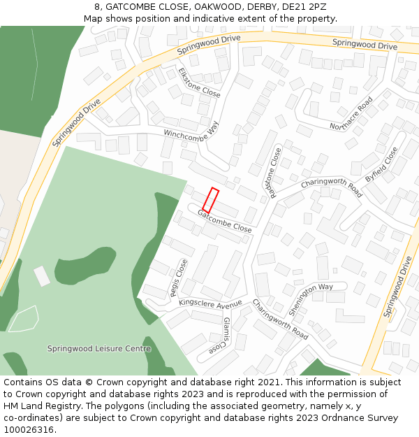 8, GATCOMBE CLOSE, OAKWOOD, DERBY, DE21 2PZ: Location map and indicative extent of plot