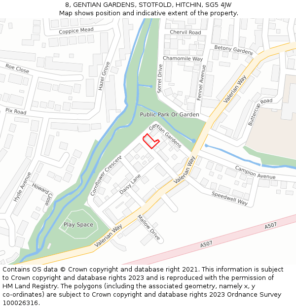 8, GENTIAN GARDENS, STOTFOLD, HITCHIN, SG5 4JW: Location map and indicative extent of plot