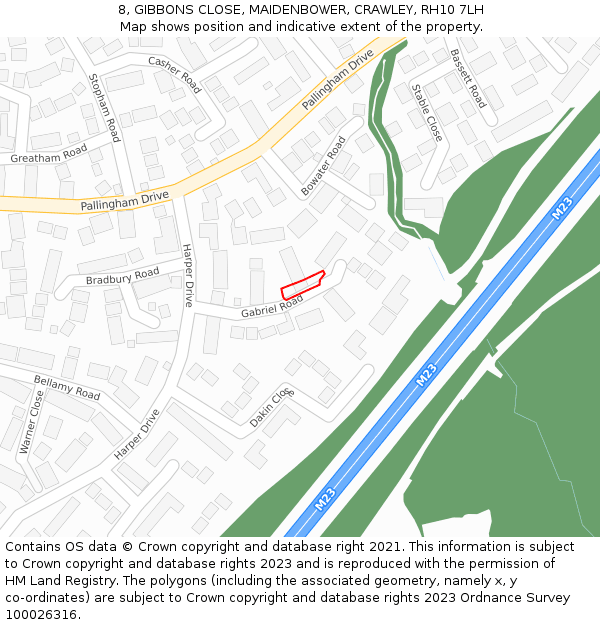 8, GIBBONS CLOSE, MAIDENBOWER, CRAWLEY, RH10 7LH: Location map and indicative extent of plot