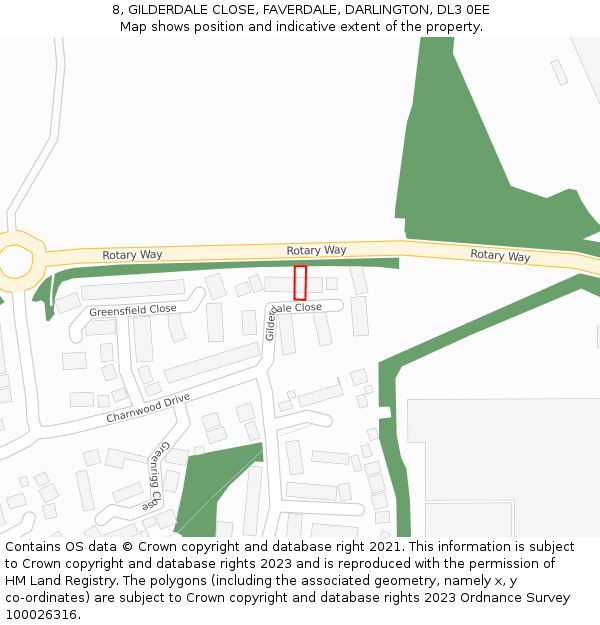 8, GILDERDALE CLOSE, FAVERDALE, DARLINGTON, DL3 0EE: Location map and indicative extent of plot