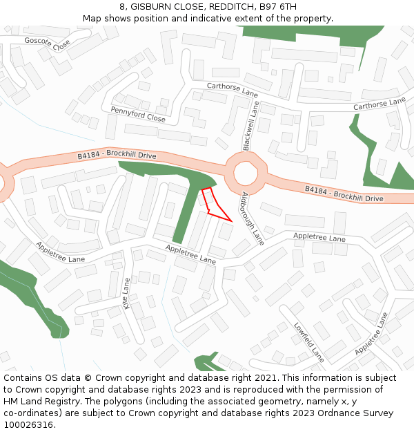 8, GISBURN CLOSE, REDDITCH, B97 6TH: Location map and indicative extent of plot