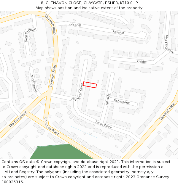 8, GLENAVON CLOSE, CLAYGATE, ESHER, KT10 0HP: Location map and indicative extent of plot