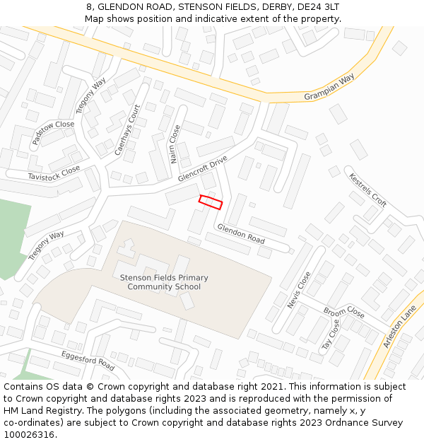 8, GLENDON ROAD, STENSON FIELDS, DERBY, DE24 3LT: Location map and indicative extent of plot