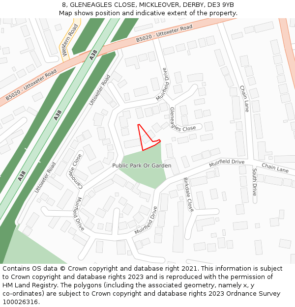 8, GLENEAGLES CLOSE, MICKLEOVER, DERBY, DE3 9YB: Location map and indicative extent of plot
