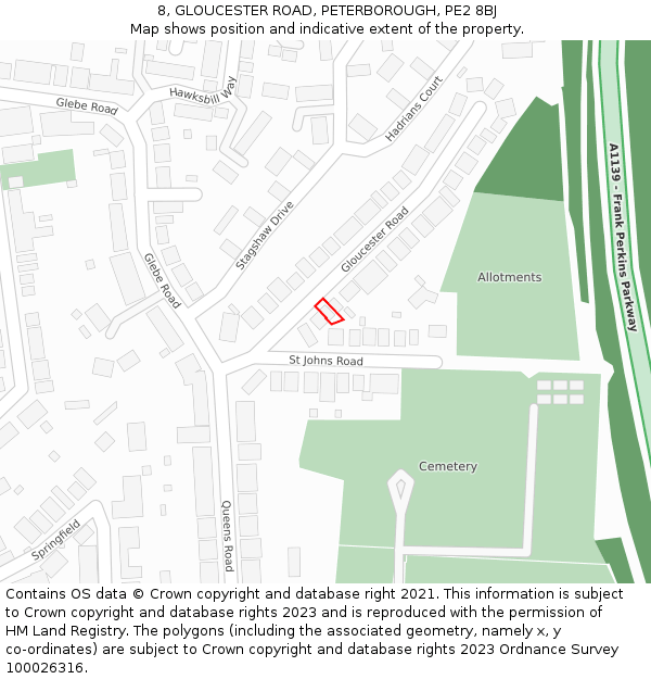 8, GLOUCESTER ROAD, PETERBOROUGH, PE2 8BJ: Location map and indicative extent of plot