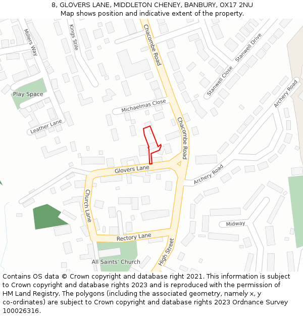 8, GLOVERS LANE, MIDDLETON CHENEY, BANBURY, OX17 2NU: Location map and indicative extent of plot