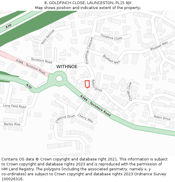 8, GOLDFINCH CLOSE, LAUNCESTON, PL15 9JX: Location map and indicative extent of plot