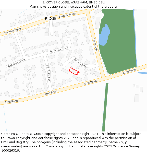 8, GOVER CLOSE, WAREHAM, BH20 5BU: Location map and indicative extent of plot