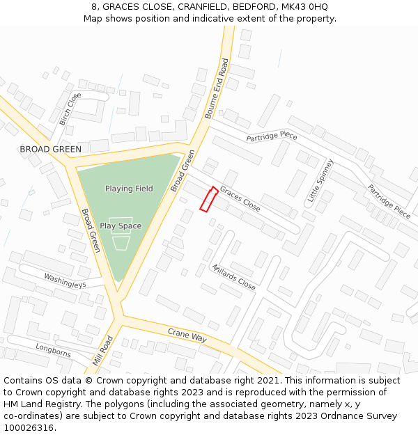 8, GRACES CLOSE, CRANFIELD, BEDFORD, MK43 0HQ: Location map and indicative extent of plot