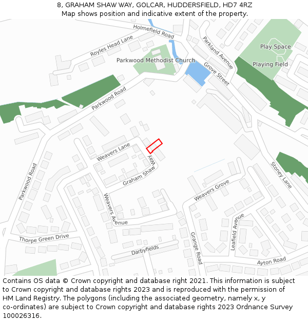 8, GRAHAM SHAW WAY, GOLCAR, HUDDERSFIELD, HD7 4RZ: Location map and indicative extent of plot