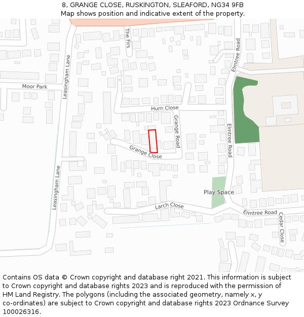 8, GRANGE CLOSE, RUSKINGTON, SLEAFORD, NG34 9FB: Location map and indicative extent of plot