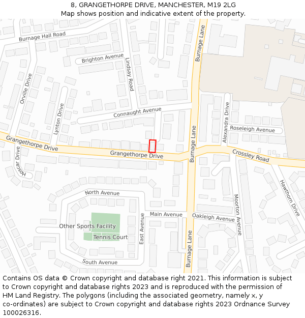 8, GRANGETHORPE DRIVE, MANCHESTER, M19 2LG: Location map and indicative extent of plot