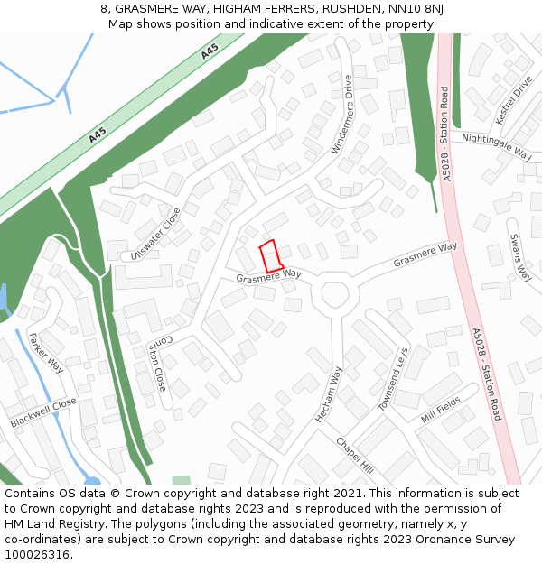 8, GRASMERE WAY, HIGHAM FERRERS, RUSHDEN, NN10 8NJ: Location map and indicative extent of plot
