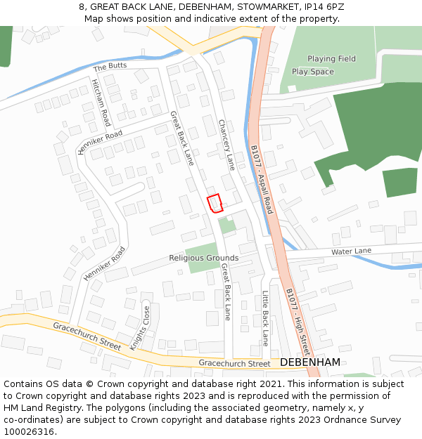 8, GREAT BACK LANE, DEBENHAM, STOWMARKET, IP14 6PZ: Location map and indicative extent of plot