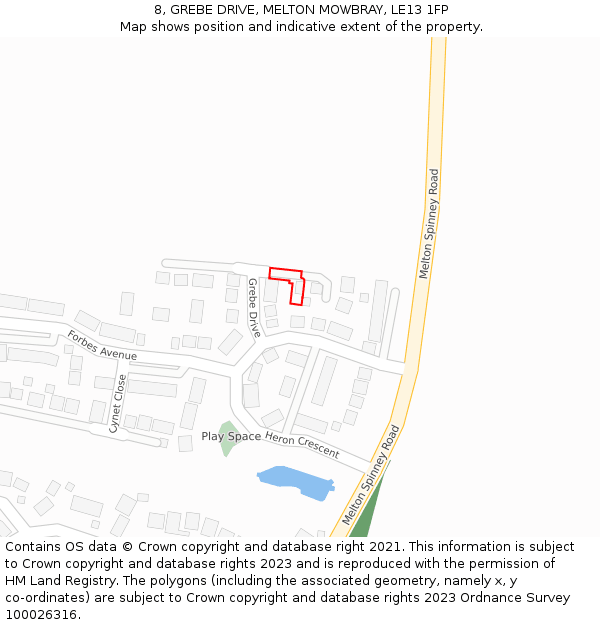 8, GREBE DRIVE, MELTON MOWBRAY, LE13 1FP: Location map and indicative extent of plot