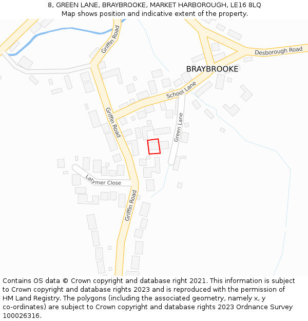 8, GREEN LANE, BRAYBROOKE, MARKET HARBOROUGH, LE16 8LQ: Location map and indicative extent of plot