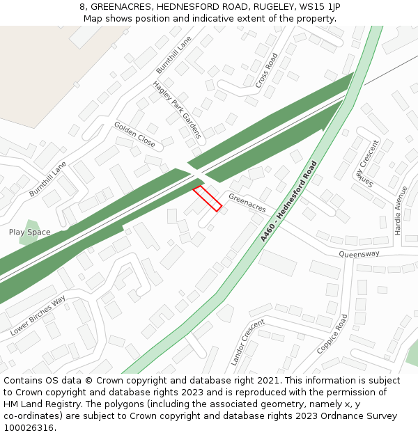 8, GREENACRES, HEDNESFORD ROAD, RUGELEY, WS15 1JP: Location map and indicative extent of plot
