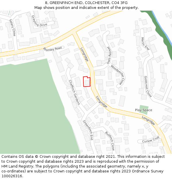 8, GREENFINCH END, COLCHESTER, CO4 3FG: Location map and indicative extent of plot
