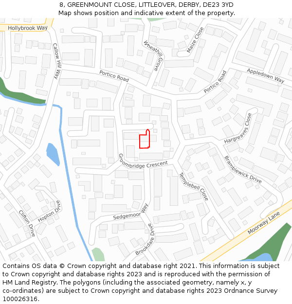 8, GREENMOUNT CLOSE, LITTLEOVER, DERBY, DE23 3YD: Location map and indicative extent of plot