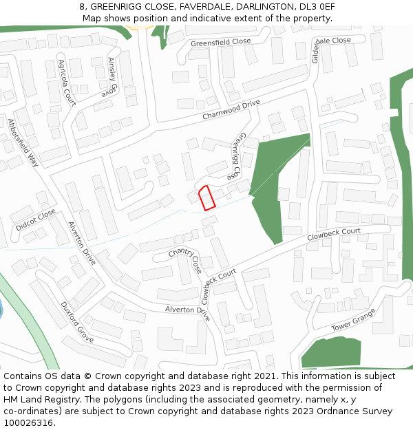8, GREENRIGG CLOSE, FAVERDALE, DARLINGTON, DL3 0EF: Location map and indicative extent of plot