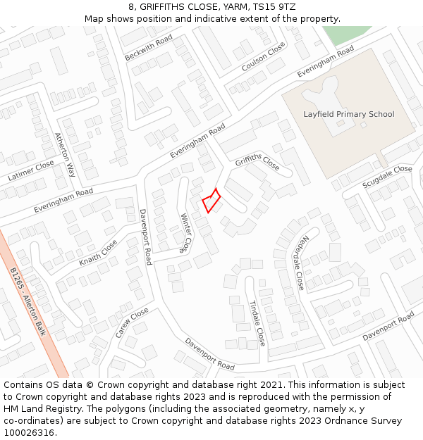 8, GRIFFITHS CLOSE, YARM, TS15 9TZ: Location map and indicative extent of plot