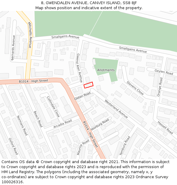 8, GWENDALEN AVENUE, CANVEY ISLAND, SS8 8JF: Location map and indicative extent of plot