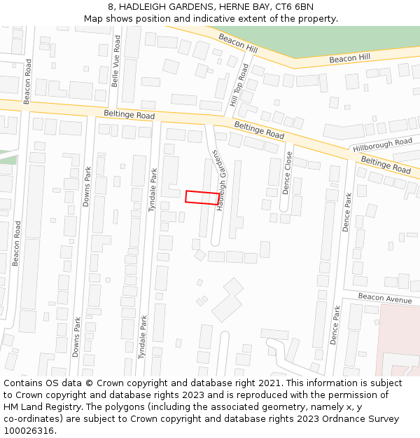 8, HADLEIGH GARDENS, HERNE BAY, CT6 6BN: Location map and indicative extent of plot