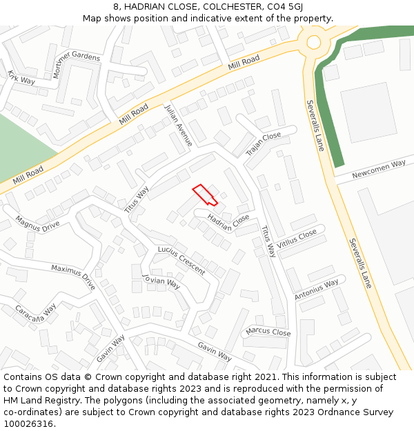 8, HADRIAN CLOSE, COLCHESTER, CO4 5GJ: Location map and indicative extent of plot