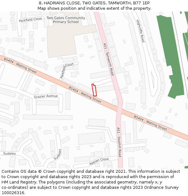 8, HADRIANS CLOSE, TWO GATES, TAMWORTH, B77 1EP: Location map and indicative extent of plot