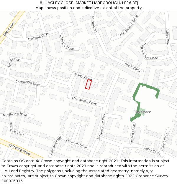 8, HAGLEY CLOSE, MARKET HARBOROUGH, LE16 8EJ: Location map and indicative extent of plot