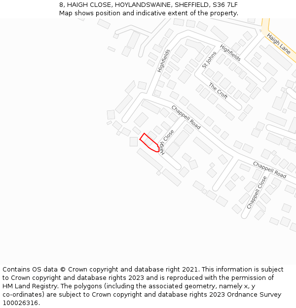 8, HAIGH CLOSE, HOYLANDSWAINE, SHEFFIELD, S36 7LF: Location map and indicative extent of plot