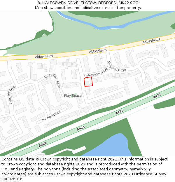 8, HALESOWEN DRIVE, ELSTOW, BEDFORD, MK42 9GG: Location map and indicative extent of plot